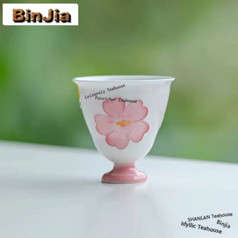 

80ml Japanese Arita Porcelain Teacup Hand Drawn Flower Master Cup Handmade Pink High Footed Mug Large Personal Tasting Tea Bowl