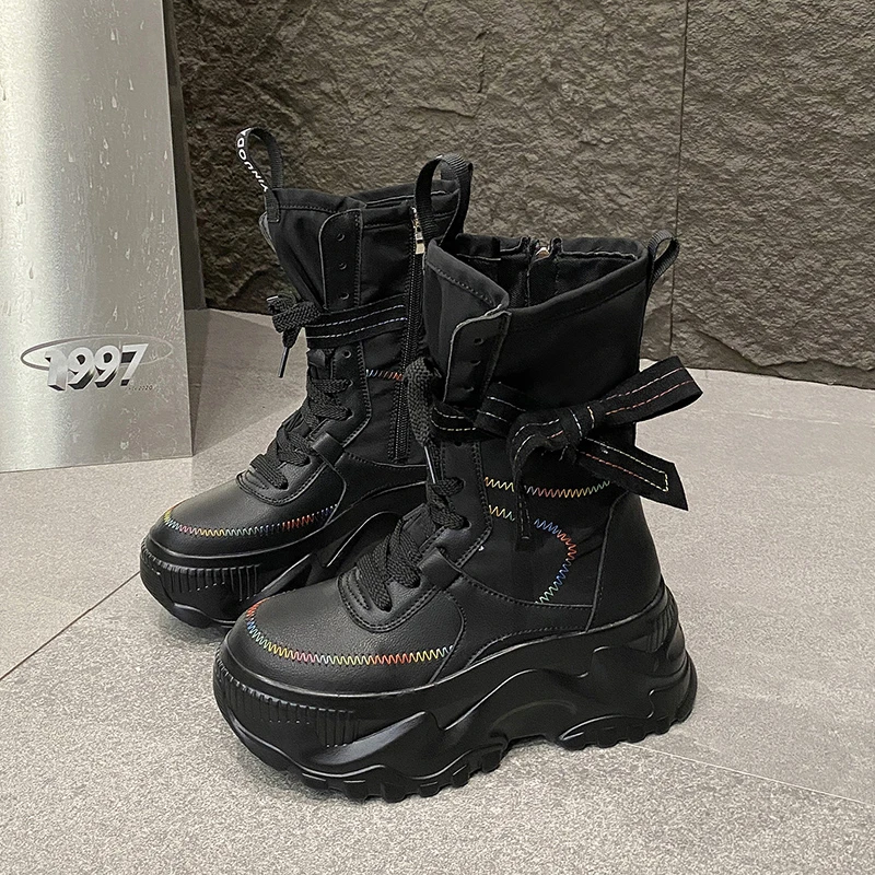 8CM Women Chunky Mid-Calf Boots New Autumn Canvas High Platform Round Toe Ladies Shoes Tie Motorcycle Boots Winter Sneakers - Image 2