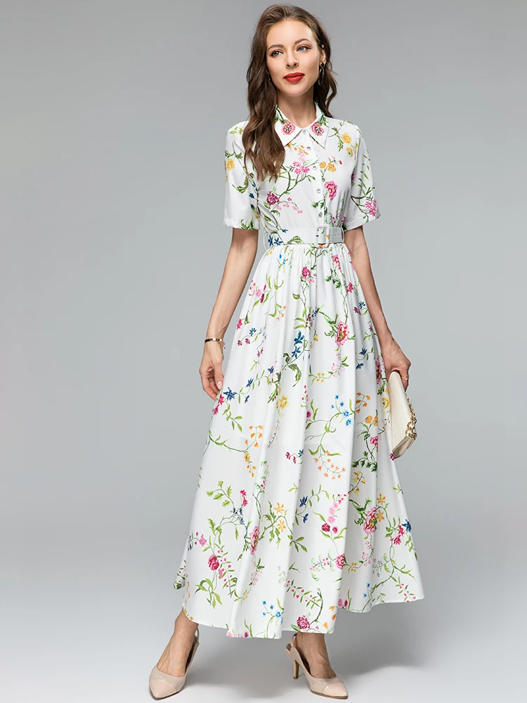 

MoaaYina Fashion Designer dress Summer Women's Turn-down Collar Short Sleeves Lace-up Floral Print Elegant Party Dresses
