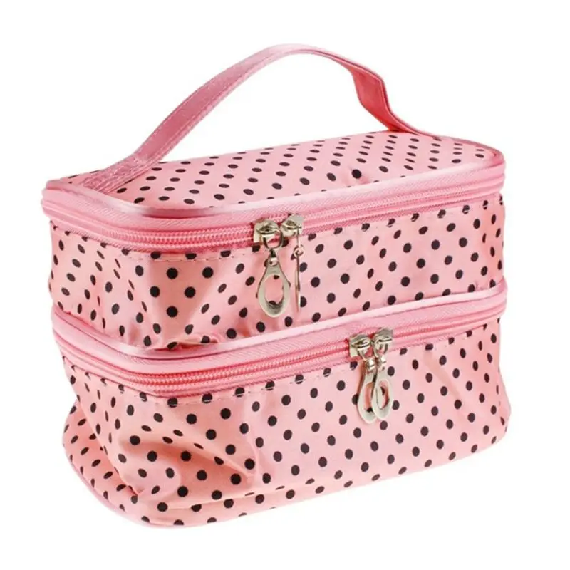 E74B Women Travel Cosmetic Polka Dots Makeup Double Layer for Case