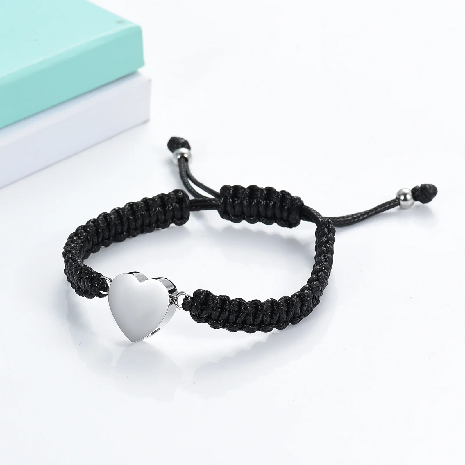 Heart Shape Urn Bracelet for Human/Pet Ashes Black Braided Rope Adjustable Bangle Keepsake Memorial Jewelry