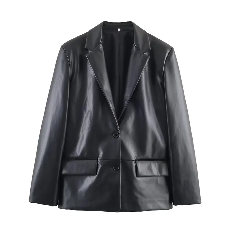 Autunno 2025 Abito effetto in pelle dritta allentata delle nuove donne Jaet Faionable Long Sve PU Leather Or Capispalla