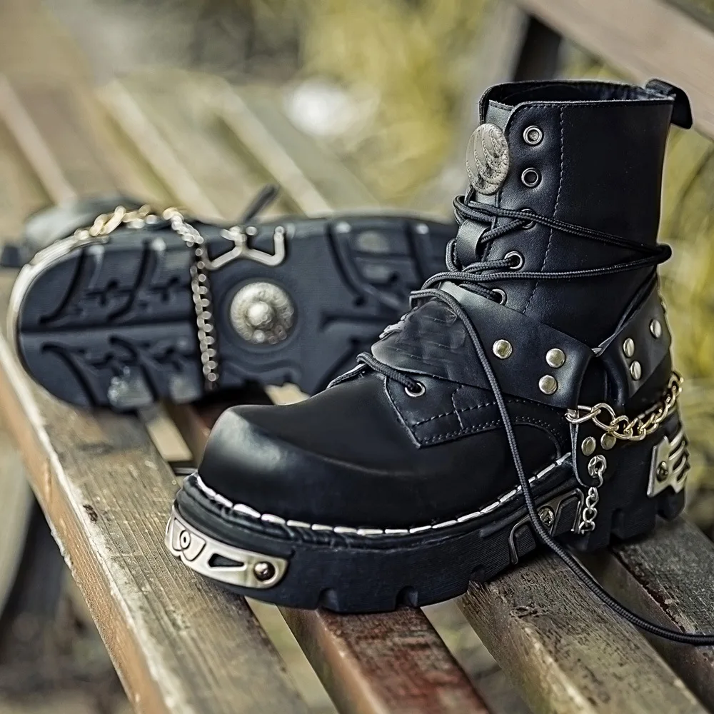 Rivet boots men's leather motorcycle skeleton handmade chain punk short boots women's medium tube metal platform mens boots