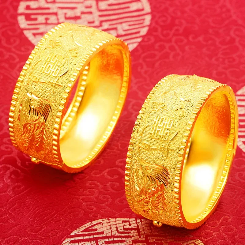 

Luxury K Gold Plated Bracelet Women's 25mm Wide Dragon and Phoenix Double Happiness Bridal Wedding Engagement High Jewelry