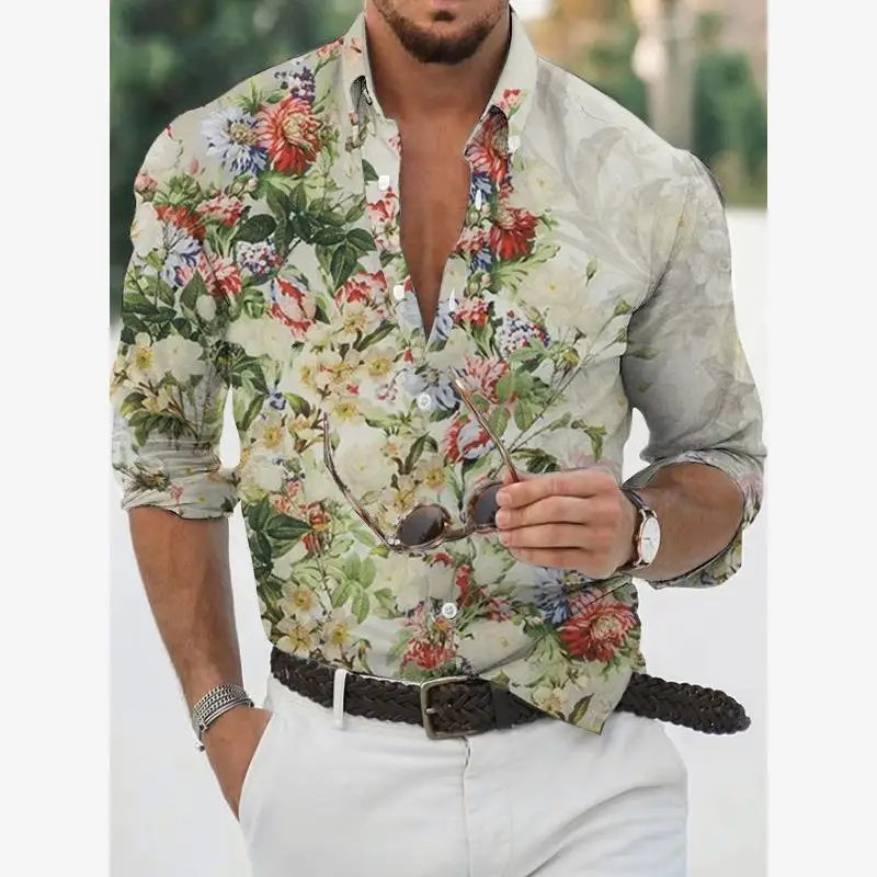 

Men's Floral Lapel Shirt Long Standard Fit Collar Inner Wear PU Leather Thickened Nine Sleeve City Walk Clean Fit Style