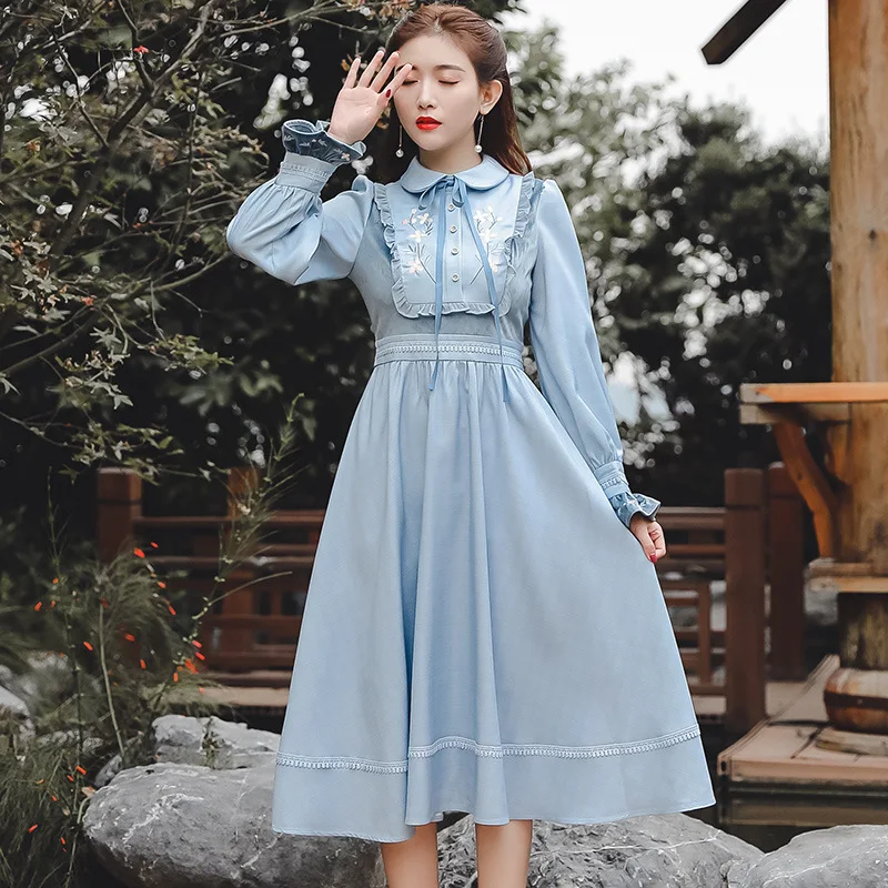 

Ubei New style peter pan collar big hem long dress elegant temperament vintage blue dress floral Embroidery dree