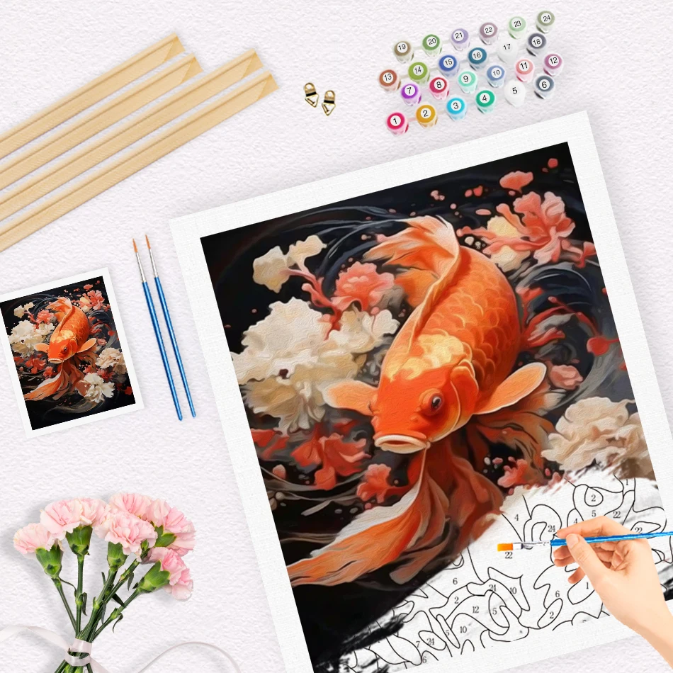 RUOPOTY-Paint By Adult Numbers Koi Fish Lotus Handiwork Picture Drawing Frame Diy Crafts Acrylic Paints Handmade Home Decoration