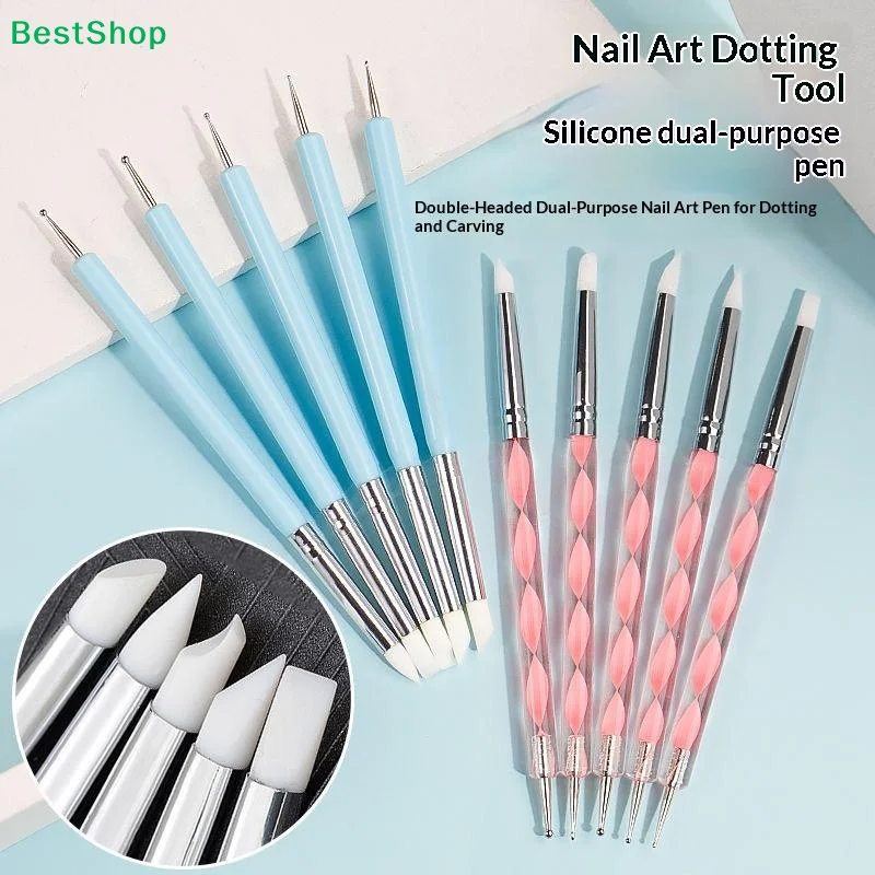 〔Y〕5Pcs Marbleizing Painting Pens 2 Way Nail Art Acrylic Silicone Point Flower Nail Pen Stainless Steel Dotting Tools