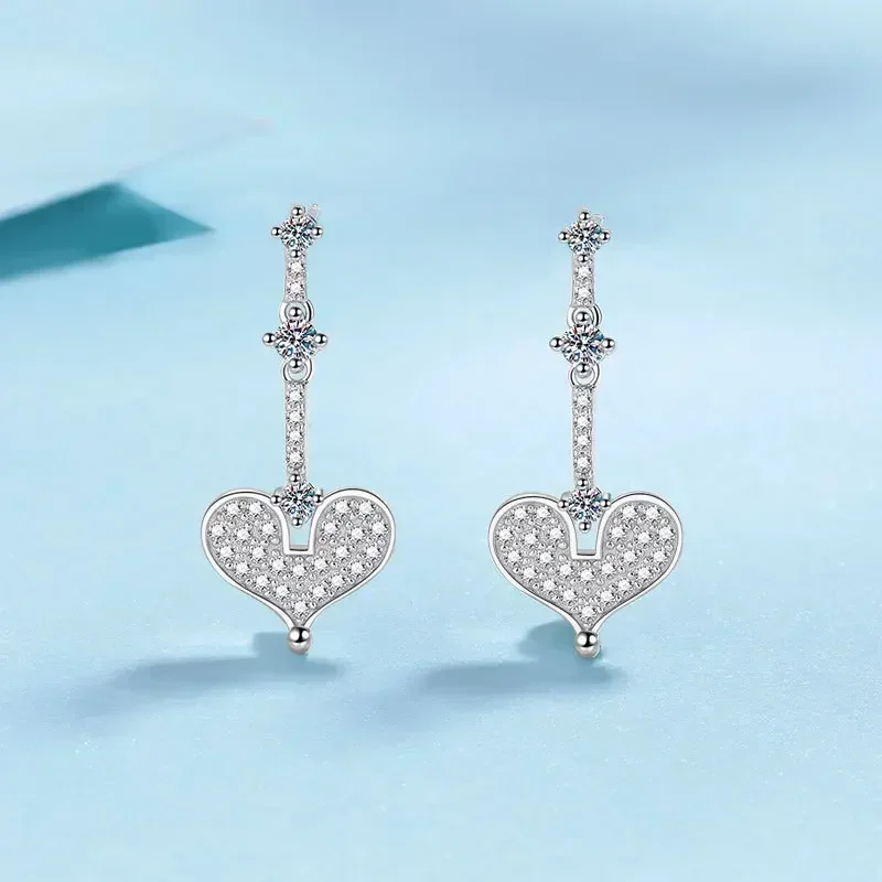 Sweet 0.7ct Moissanite Champagne White Gold Drop Earrings, Love Heart Model Platinum Pt950 Sweet Earrings High Grade Jewelry