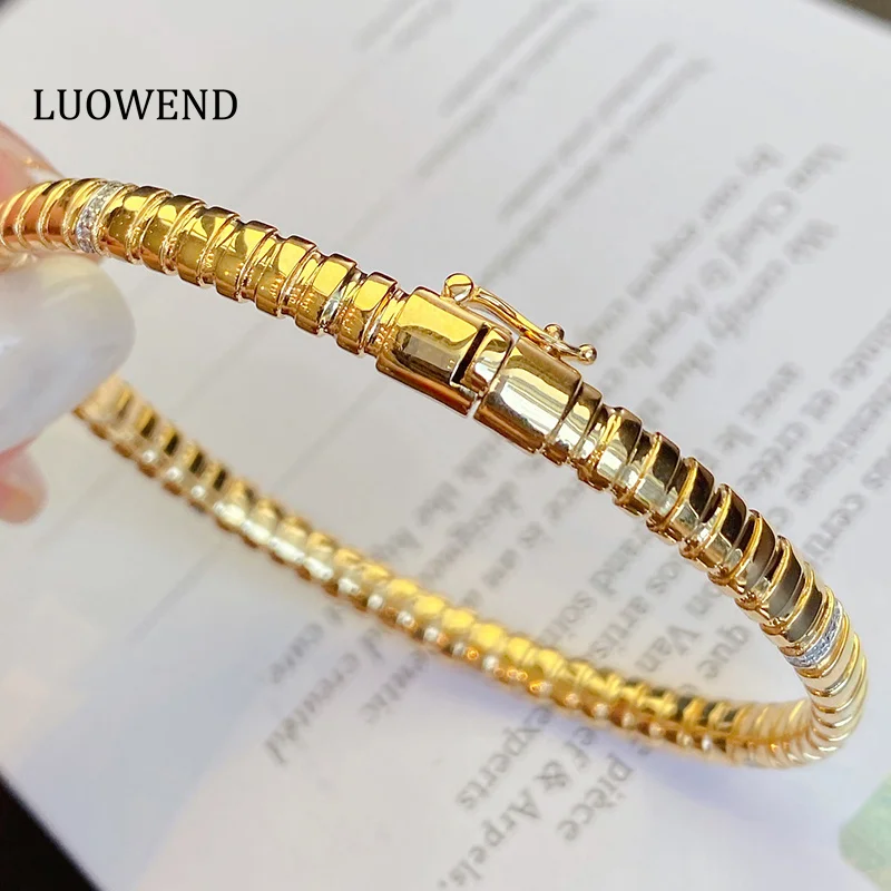 LUOWEND 100% 18K Yellow Gold Bangle Fashion Metal INS Style 0.14carat Real Natural Diamond Bangle for Women High Party Jewelry