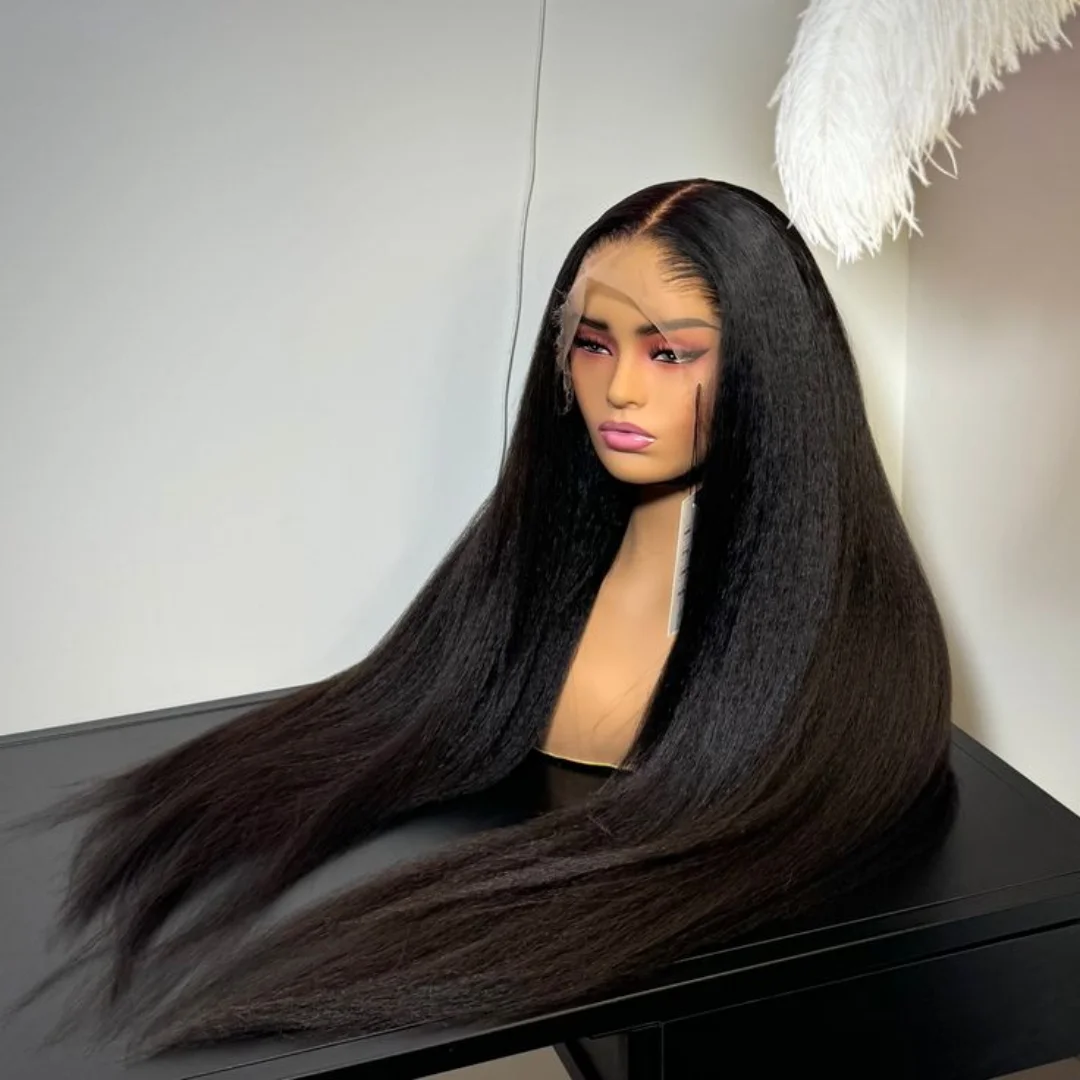 

Soft 180Density 26Inch Natural Black Yaki Kinky Straight Long Glueless Deep Lace Front Wig For Women With Baby Hair Preplucked