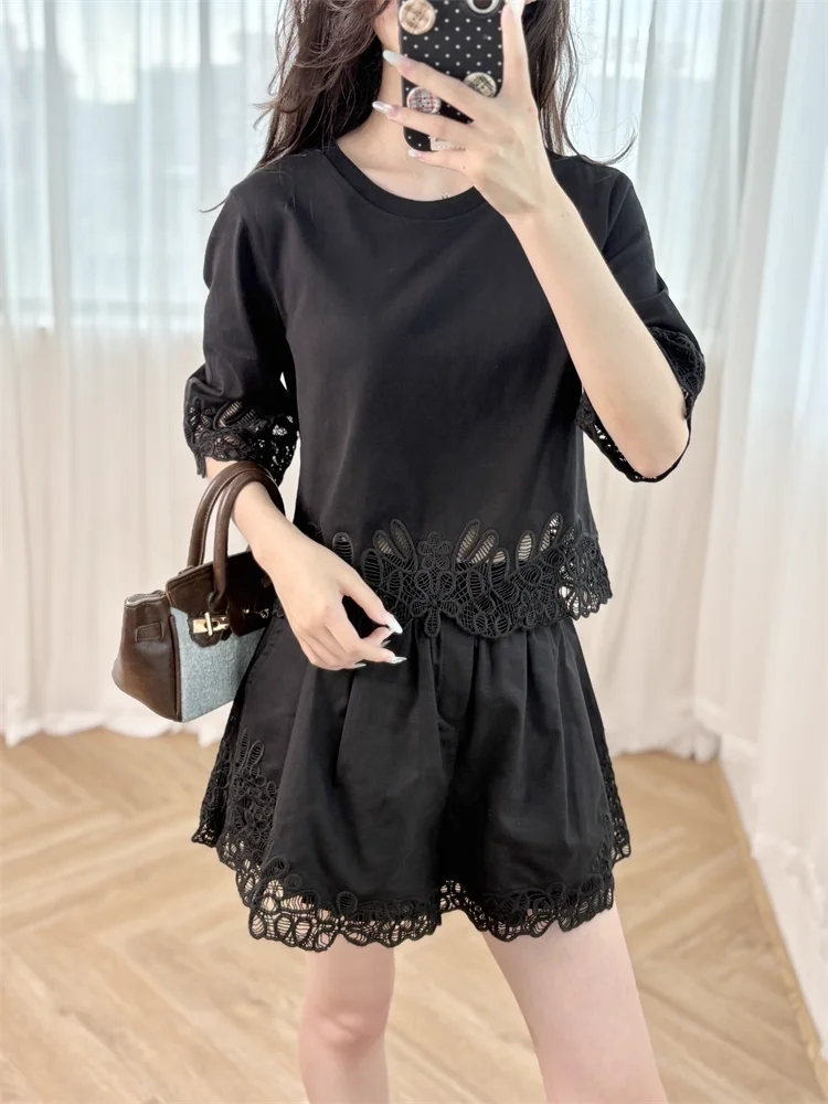 

Women 2-Colors Set Hollow Out Embroidery Round Neck Short Sleeve Top + Elastic Waist Shorts Loose Female Cotton Suits