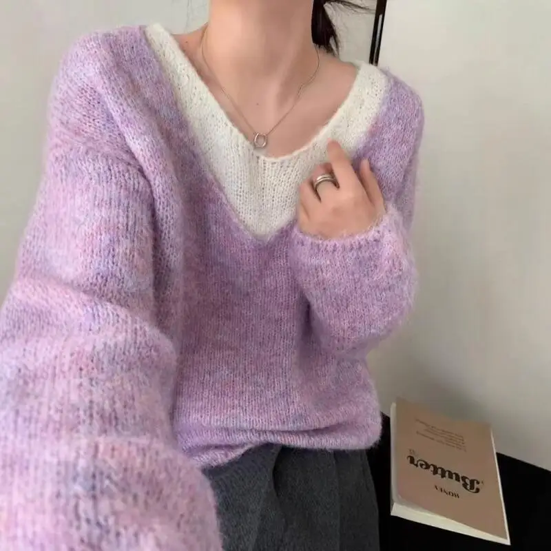 

Женский пуловер, трикотаж, свитер, ложный двухсекционный ленивый студенческий стиль, трикотажные однотонные повседневные топы с длинными рукавами и v-образным вырезом, осень-зима