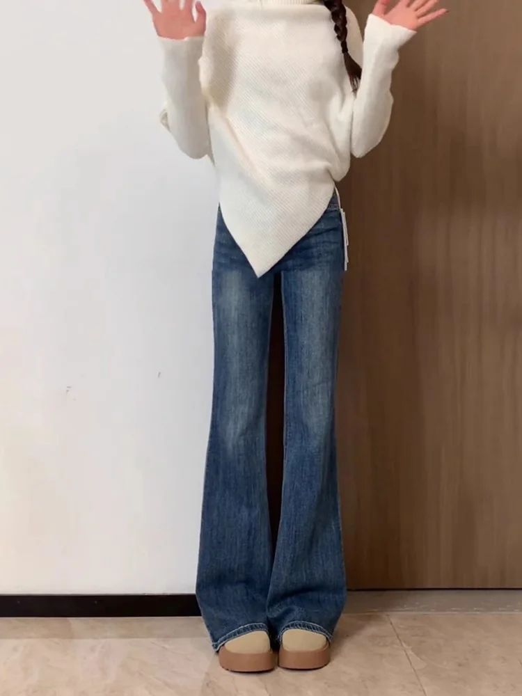 Deep Blue Fce Gefütterte High Waist Bell Bot Jeans Damen Herbst Winter Thiened Große Hose mit weitem Bein Freizeitkleidung