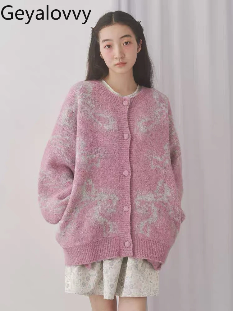 

Japanese Retro Sweet Cute Girl Knitted Cardigan Autumn Winter New Bow Thick Loose Round Neck Single-Breasted Sweater Coat
