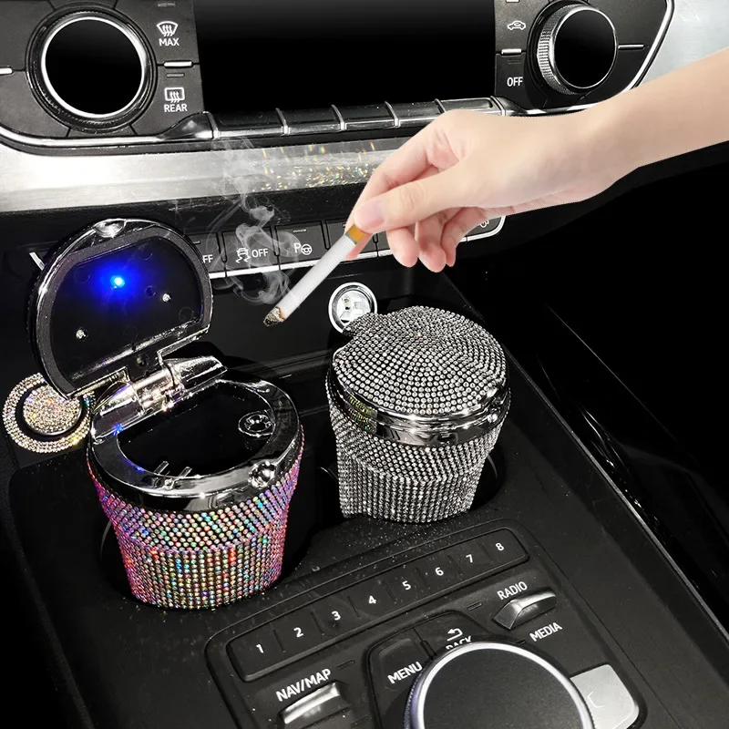 Car Ashtray Portable Bling Cigarette Smokeless Cylinder Cup Holder with Blue LED Light Indicator Car Accessories for Women