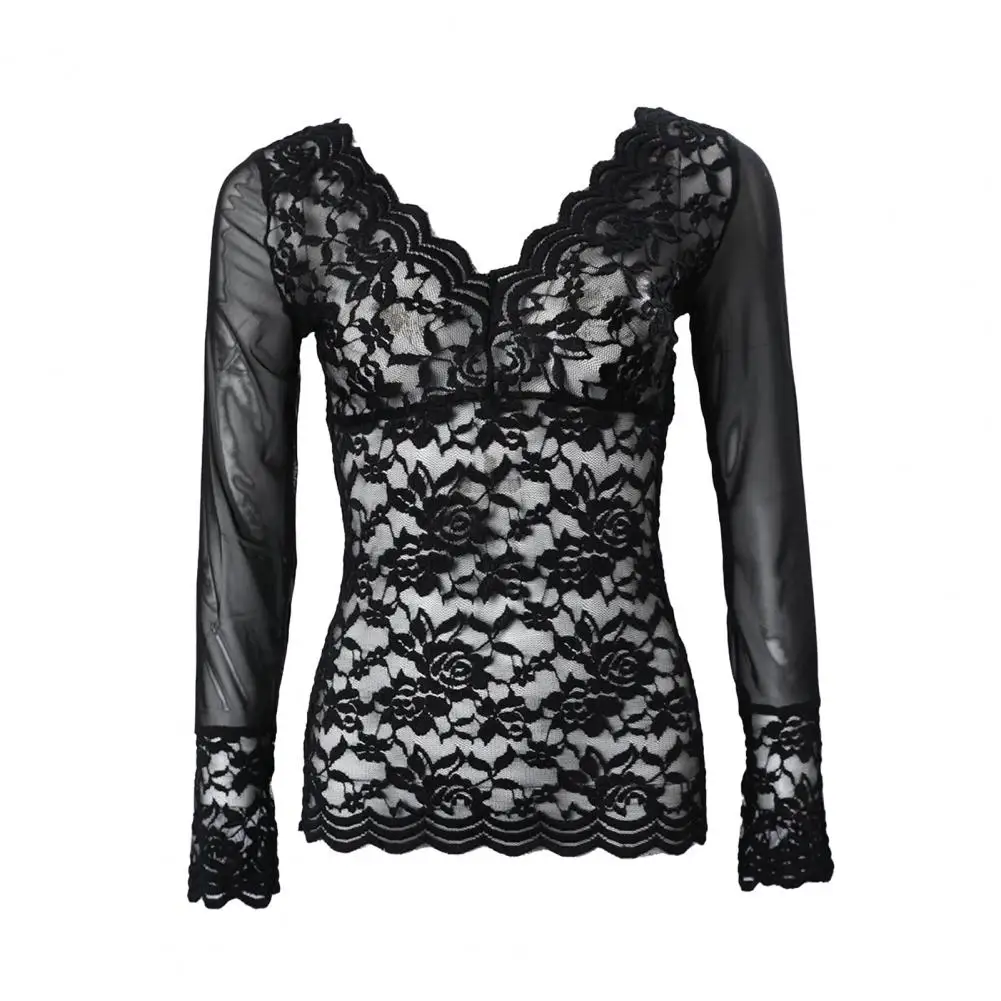 

Women Lace Splicing Top Elegant V-neck Lace Blouse for Women Slim Fit Long Sleeve Top with Hollow Out Detail Shiny for Spring