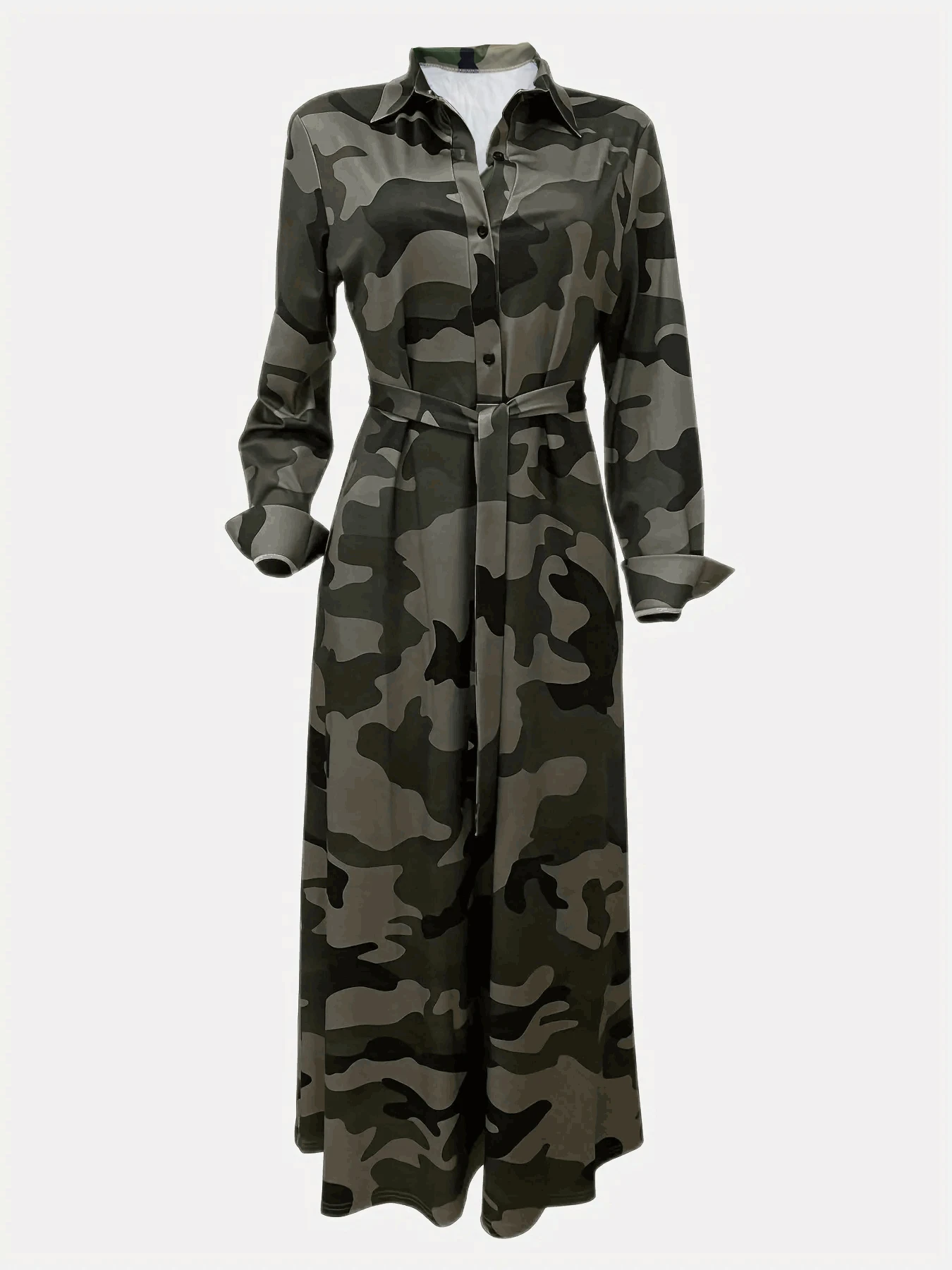 1256 European and American Fashion Green Camouflage Shirt Belt Sexy Dress