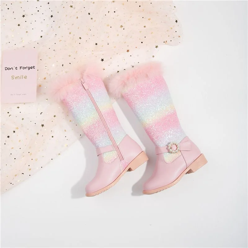 2023 New Autumn Winter Girls Rainbow Princess Fashion Children Pink Boots Knee Length Boots Plush Fur Girls Shoes