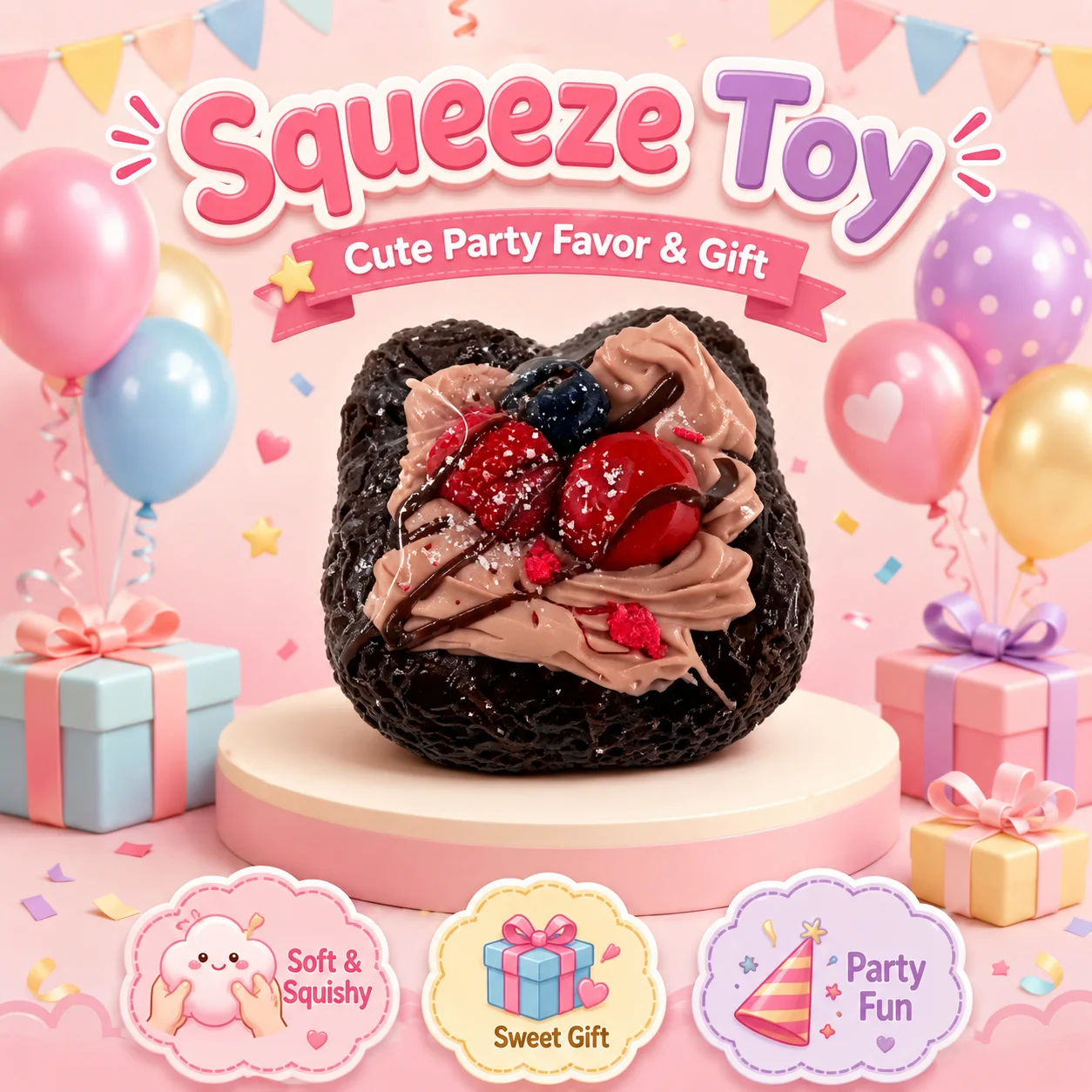 Soft Food Grade Textured Heart Chocolate Squeeze Toy Swirl Chocolate Cream Fresh Berries Chocolate Drizzle Freeze Dried