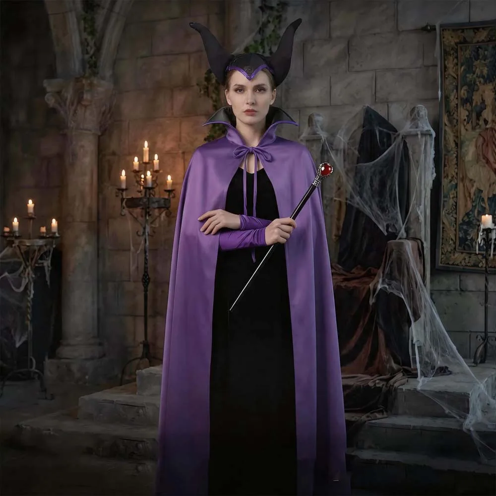 Conjunto completo de cosplay de Maléfica para mujer, disfraz de bruja con capa, diadema con cuernos y cetro, vestido largo para fiestas de Halloween y espectáculos
