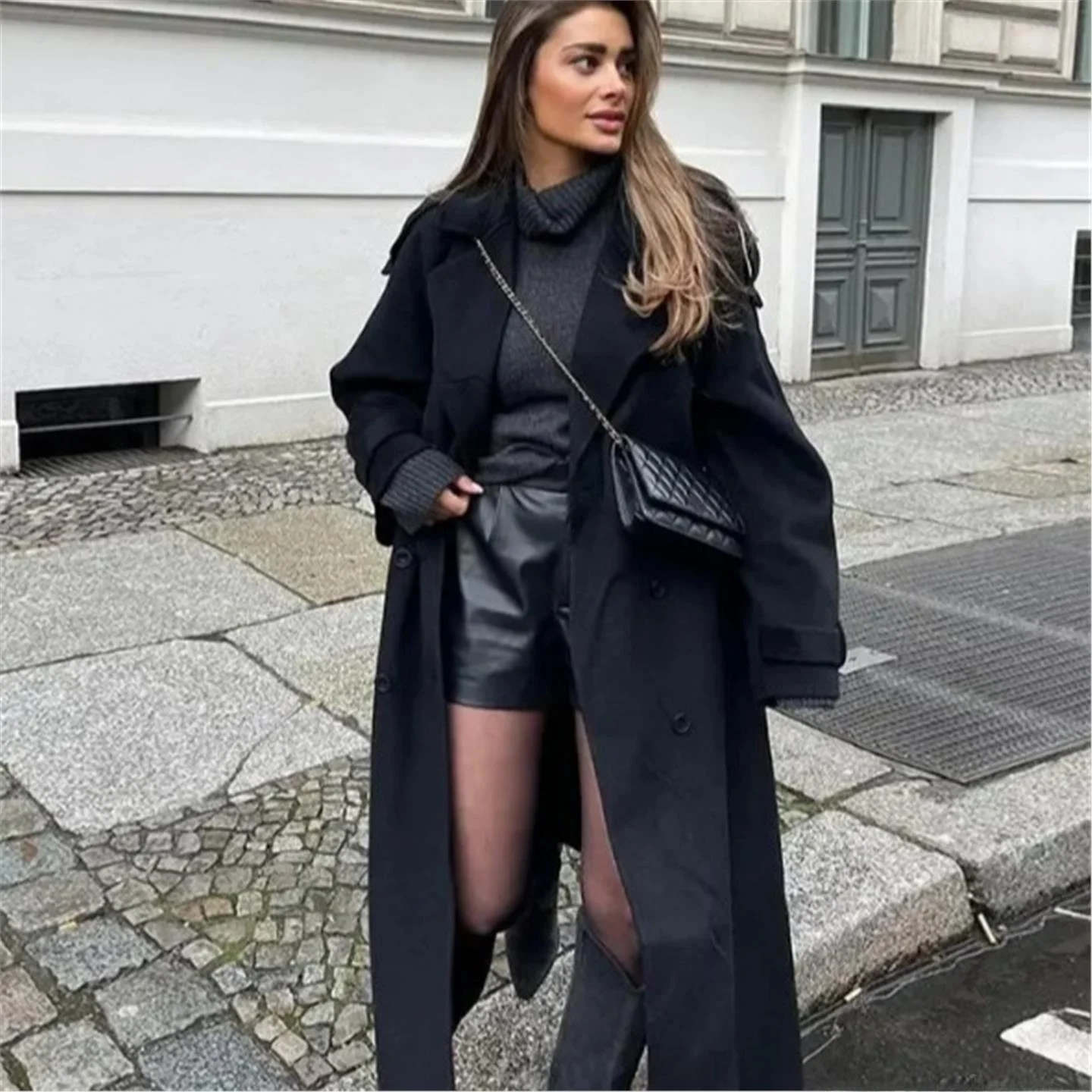 

Loose Double-Buckled Lapel Long Coat Women's Fashion Outerwear Spicy Girl Casual Winter Coat Three-Piece Set European Style