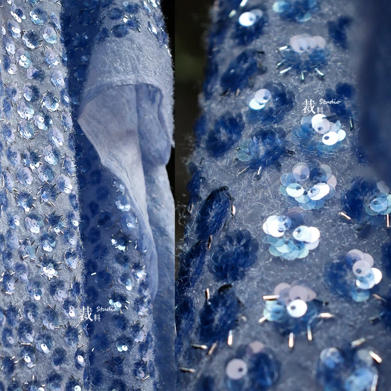 

1 Meter Blue Danube Haute Couture Plush Flashing Beaded Sequin Embroidery Cloth Stage Dress Designer Fabric
