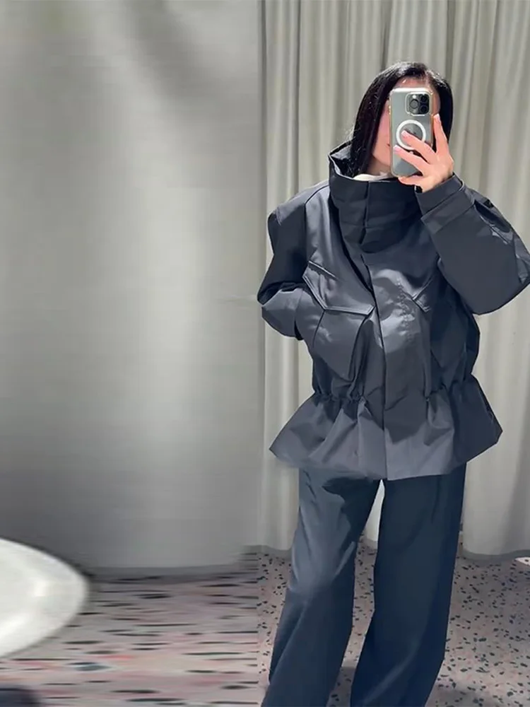 Stehkragen Langarm Oversize-Jacken für Damen Streetwear Große Taschen Kordelzug Taillenschnürung Schlanke Mäntel Frühling Damen-Oberbekleidung – Detail 18