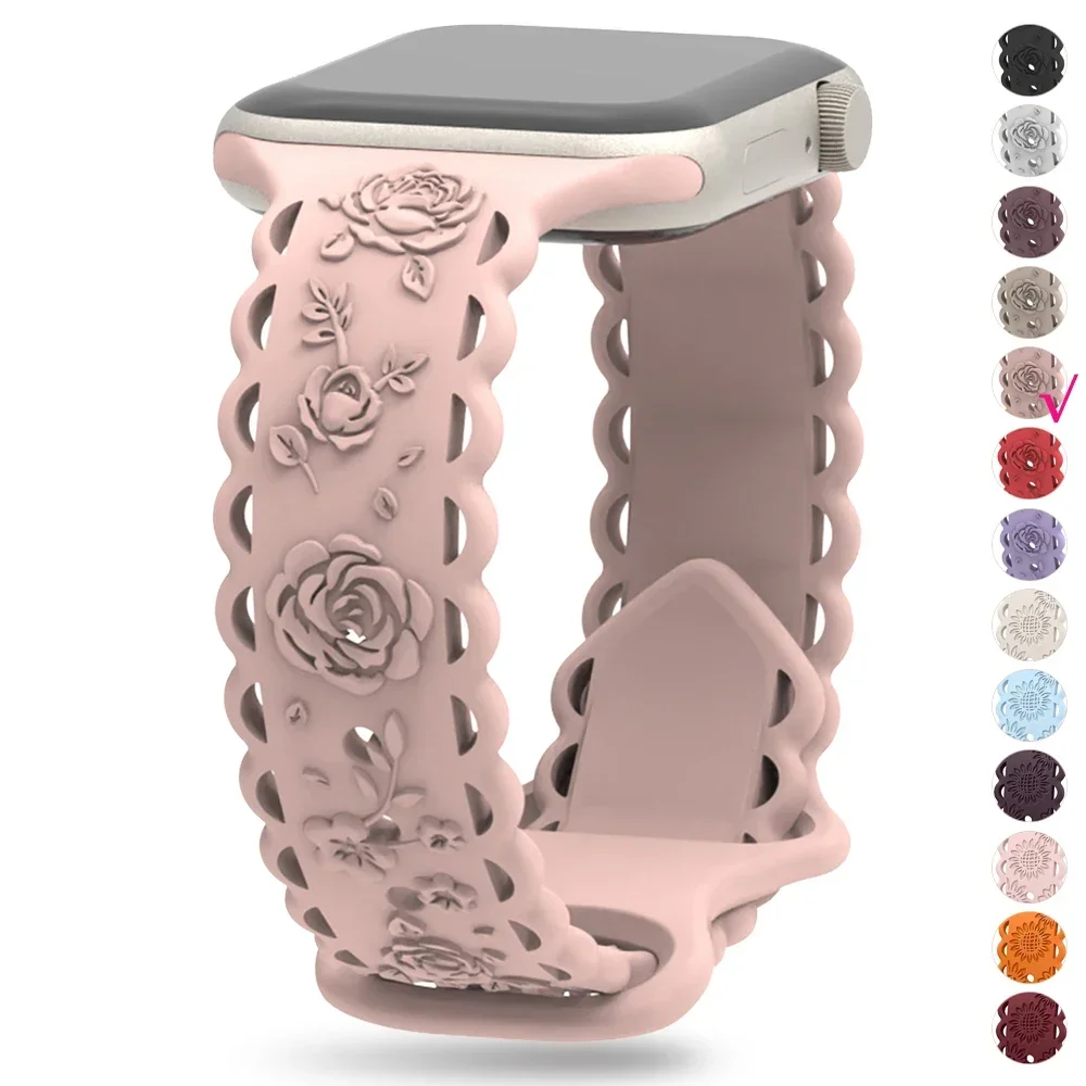 Engraved Floral Strap for Apple Watch Ultra2 49mm 45 44 42 41 40mm 38mm Silicone Band for IWatch Series 9/8/7/6/5/4/3/2/SE Ultra