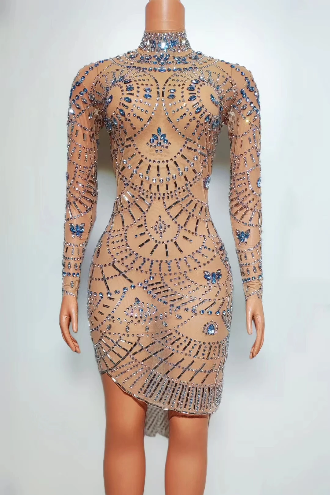 Sparkly High-end Crystals Luxury Short Dress Women Birthday Party Evening Dress Sexy Mesh Transparent Singer Show Stage Wear