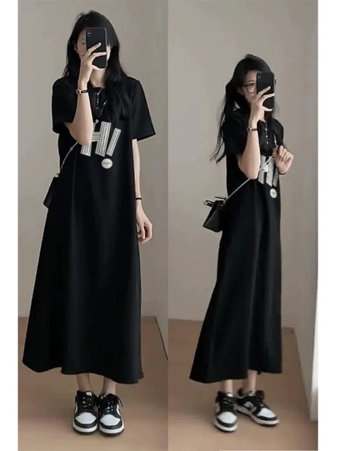 Lässiges mittellanges T-Shirt Dr für Damen in Übergröße, Sommer, lockerer knielanger Ort-Slee-Schlankheitsrock, Polyester-Mischung