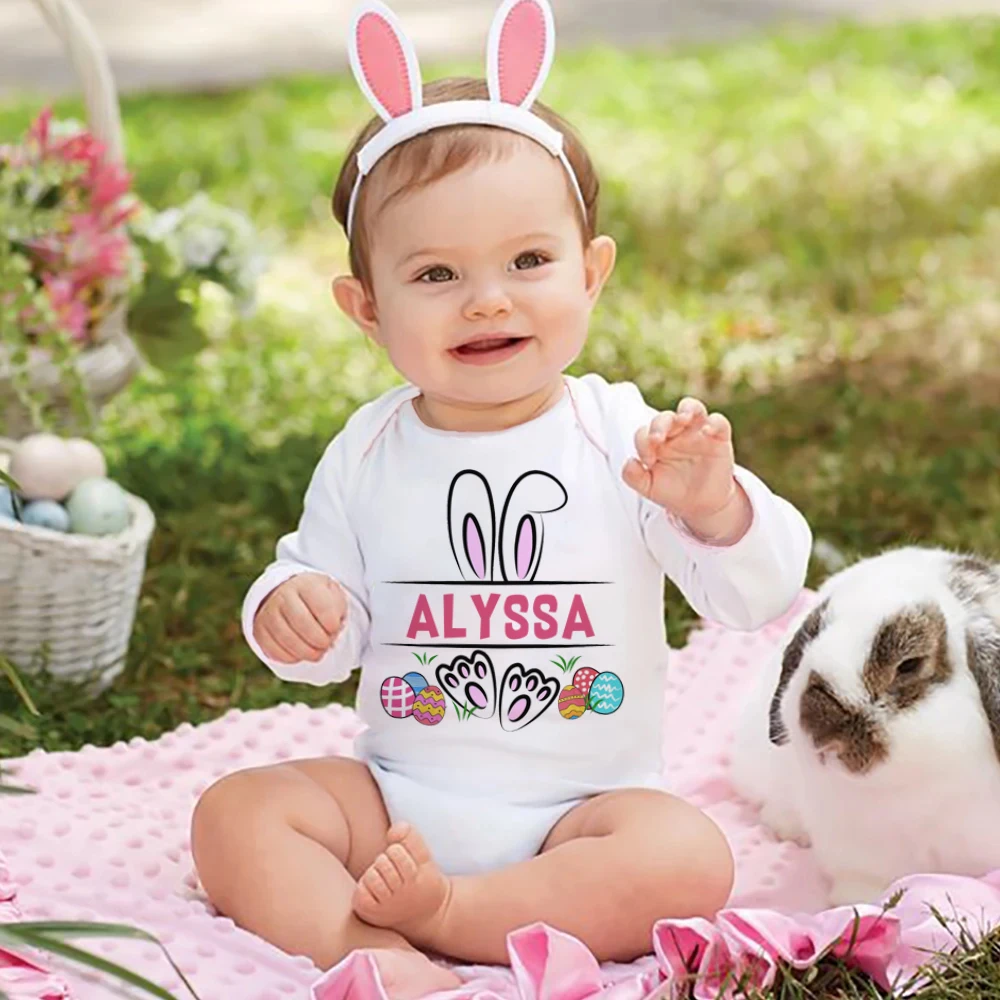 

Personalized Easter Baby Romper Bunny with Name Infant Outfit Bodysuit Boys Girls Holiday Party Jumpsuit Bunny Newborn Rompers