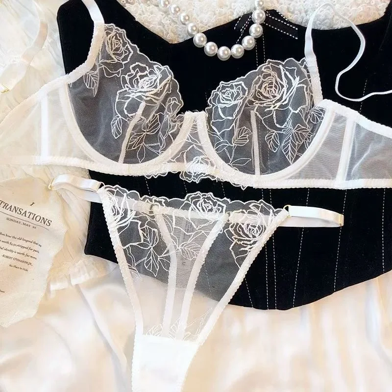 المرأة مثير الدانتيل الصدرية مجموعة انظر من خلال التطريز الملابس الداخلية ثونغ مجموعة الملابس الداخلية أنيقة السيدات حمالة صدر ولباس داخلي مجموعة #6