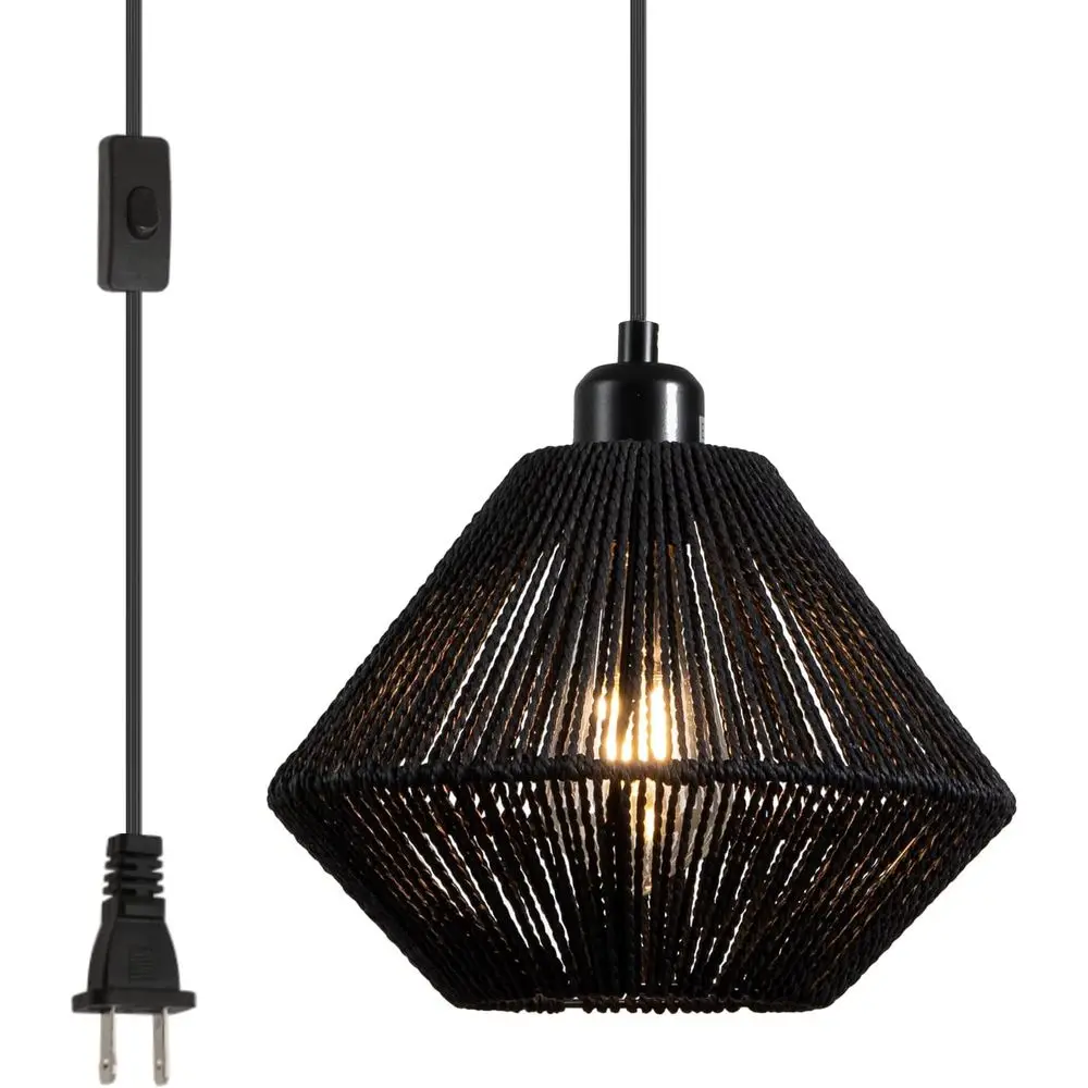 

Black Woven Plug in Pendant Light ixture, 9.65’’ Rustic armhouse Pendant Hanging Light with Plug in Cord & On/O Switch or Kitche