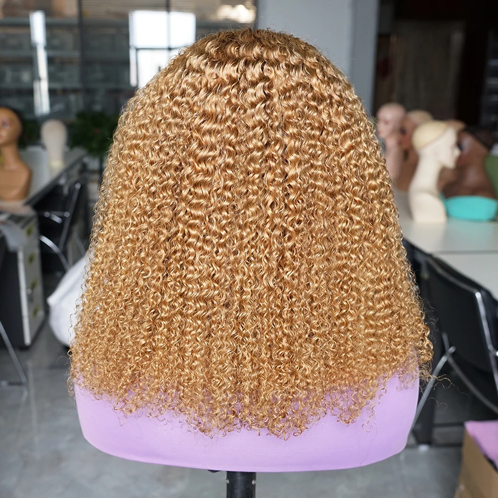 300% Density Kinky Curly Honey Blonde #27 Colored Human Hair Wig Pre-plucked Transparent Lace Front Wigs Baby Hair Color Wigs