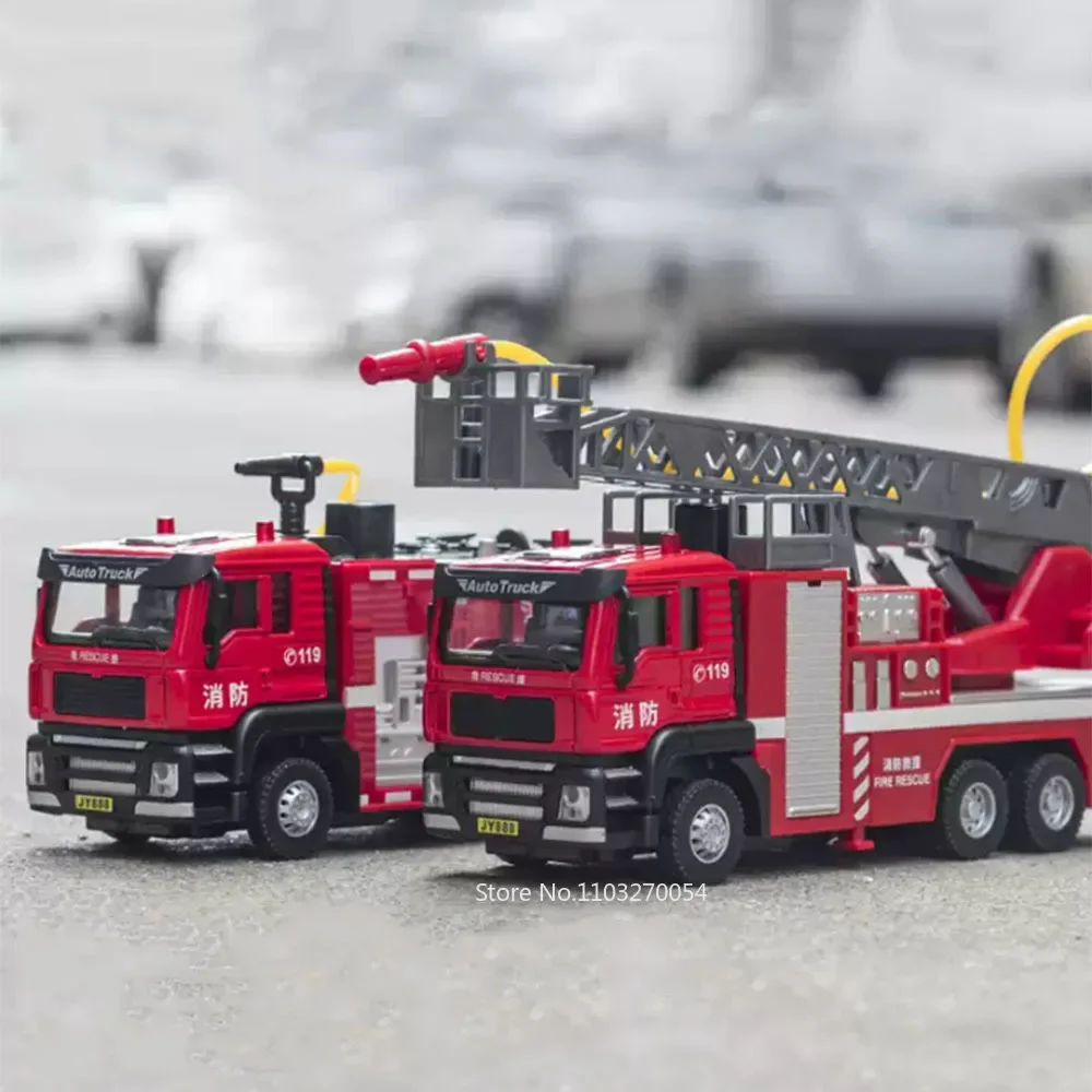 1:50 Alloy Ladder Fire Truck Water Tanker Car Model Toys Metal Diecast Vehicle Sound Light Pull Back Rubber Tires Toy Kids Gift