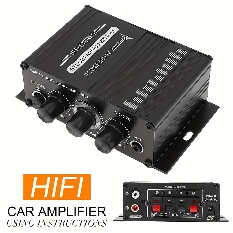 AK-270 400W Mini Power Amplifier 12V/24V 2.0 Channel Stereo Audio Amp HiFi Sound for Home Car Theater System Compact
