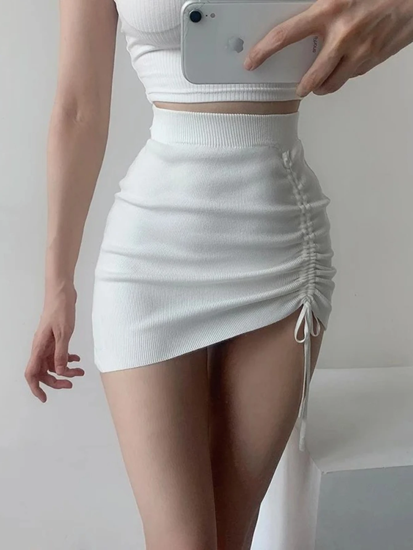 White High Waist Stretch Side Drawstring Skirt Women Club Slim knitted Short Skirt Sexy