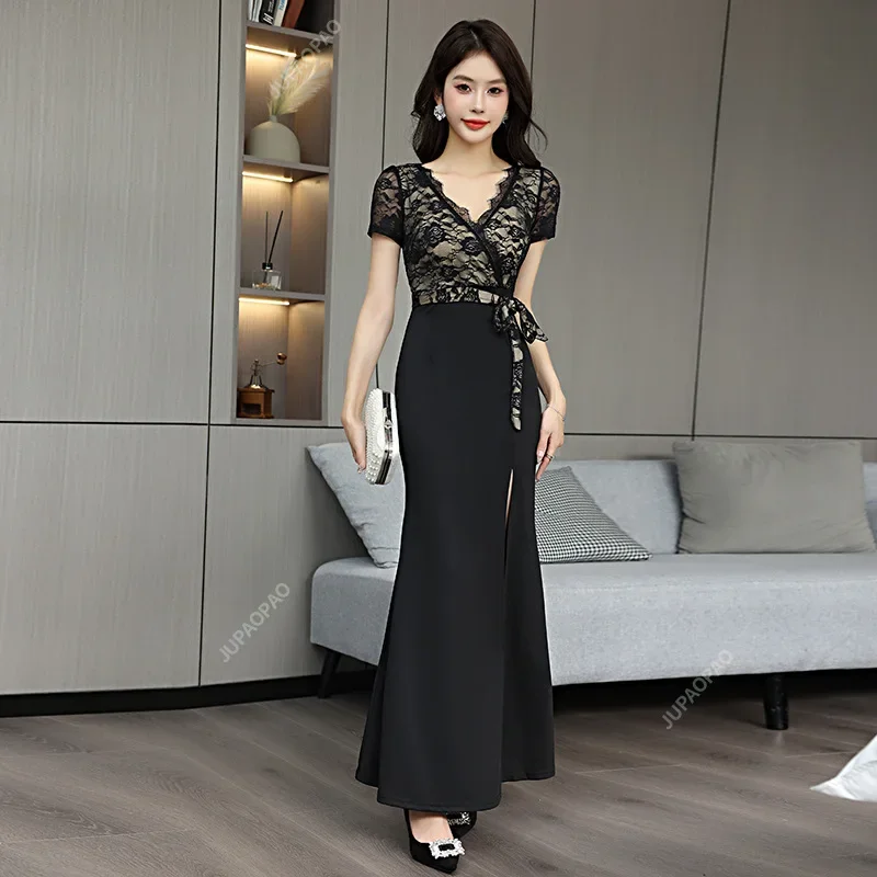 Retro Autumn Elegant Women's Long Skirt Casual Black Dress Fashionable French Women's Foot Massage Technician Health Club Dress