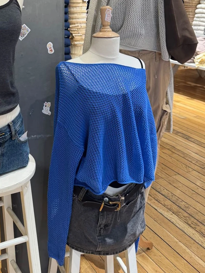 Royal Blue Hollow Out Long Sleeve T-shirt Woman Sexy Scoop Neck Loose Thin Knitted Smock Tops Fashion Streetwear Solid Crop Top