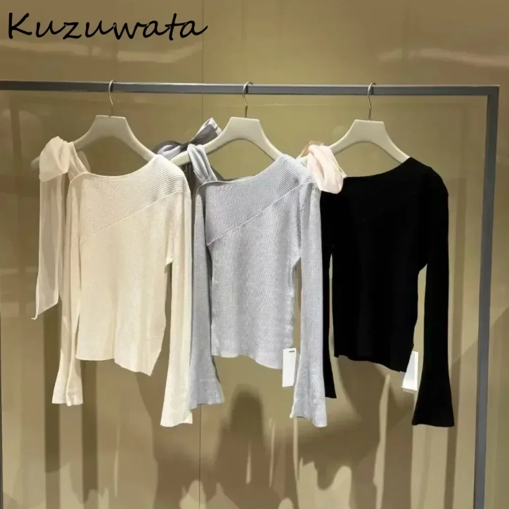 Kuzuwata Autumn Literary Skew Collar Flare Sleeve Knitted Bow Sweet Off Shoulder All-match Jumper Japan New Pullover Lace Up Top