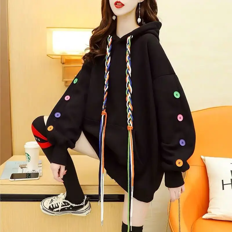 Women Clothing Korean Fashion Sweet Chic Buttons Design Oversize Hoodie Casual Streetwear Y2K Harajuku Fleece Hooded Sweatshirts