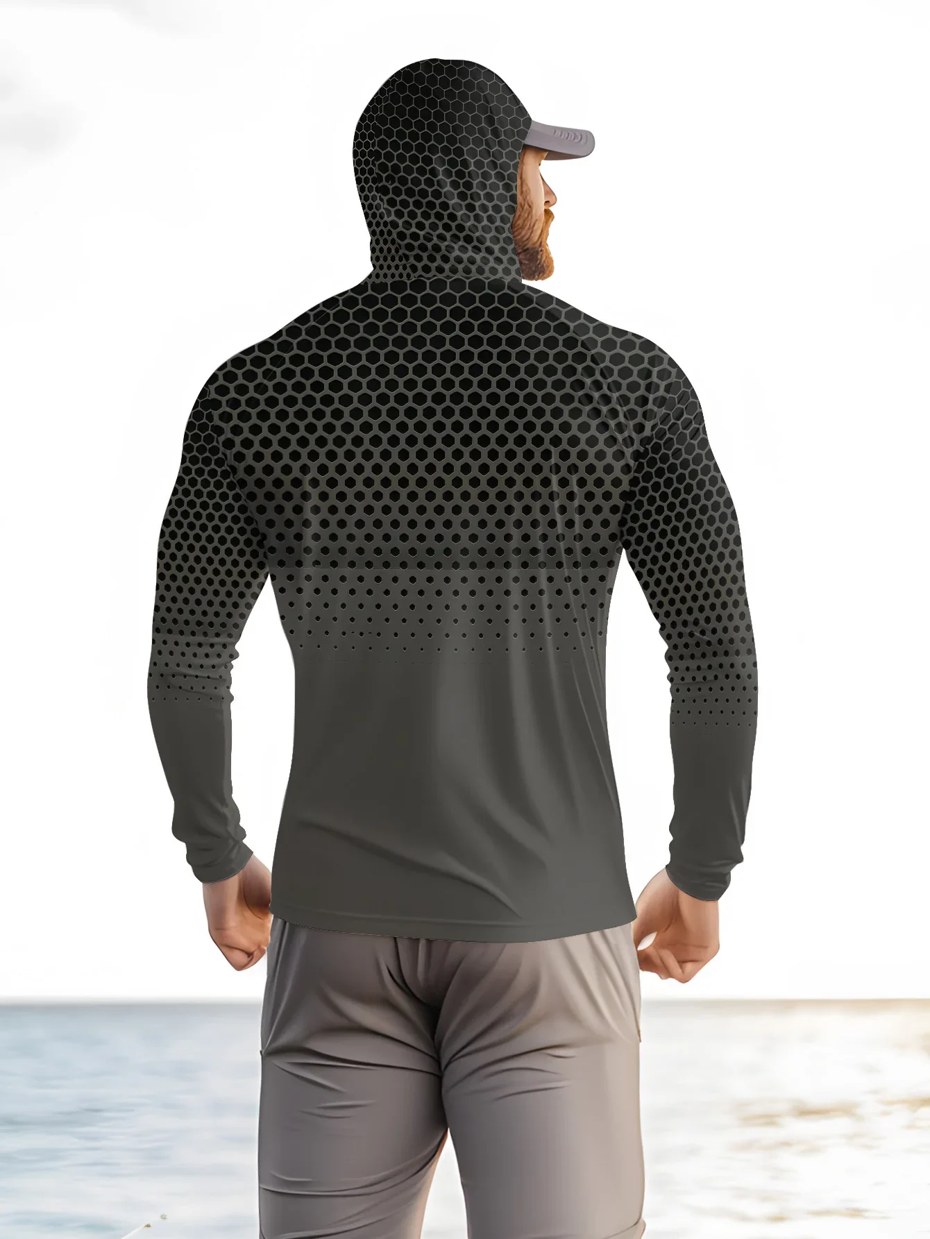 Herren Sommer UPF50+ Angel-Hoodie mit Gesichtsmaske, Grauer Wabenmuster-Druck, Schnelltrocknend, Atmungsaktiv, Langarm-Angelhemd – Detail 8