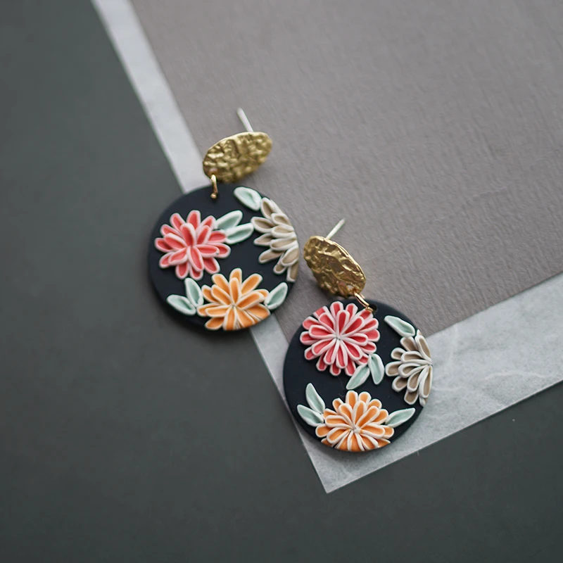 Black Dark Delicate Floral Pattern Vintage Ethnic Multi Sizes Solid Bright Daisy Polymer Clay Earrings Set Stud Party Daily Wear