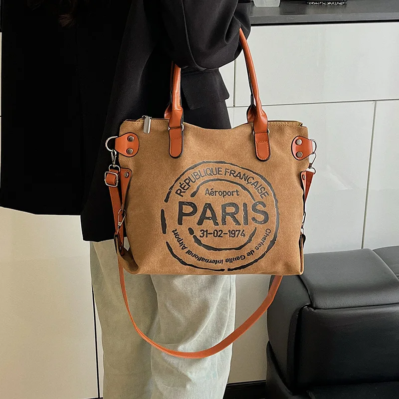 

Винтажная холщовая большая сумка для женщин — сумка через плечо с буквенным принтом в стиле ретро, просторная повседневная сумка для ежедневных поездок и путешествий