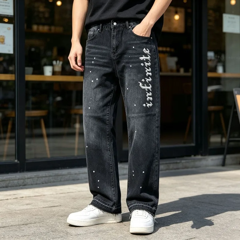 Men Y2K Black Wash Letter Printed Paint Splatter Wide Leg Jeans Retro Loose Denim Trousers Streetwear