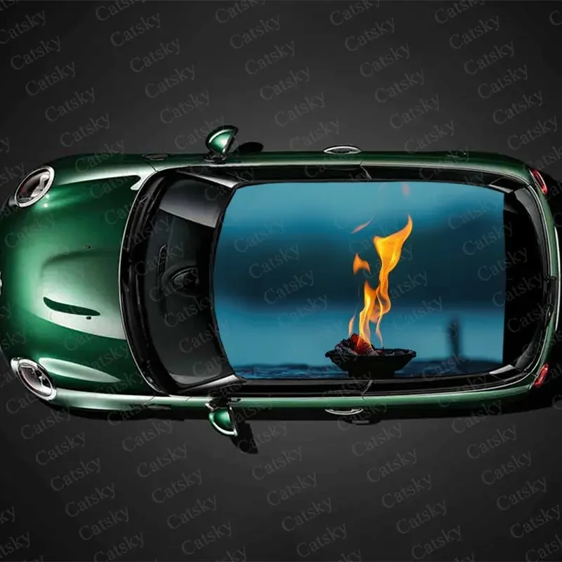 Burning Wood Flame Print Car Roof Sticker Wrap Racing SUV Auto Accessories Packaging PVC Car Hood Graphic Decal Decoration