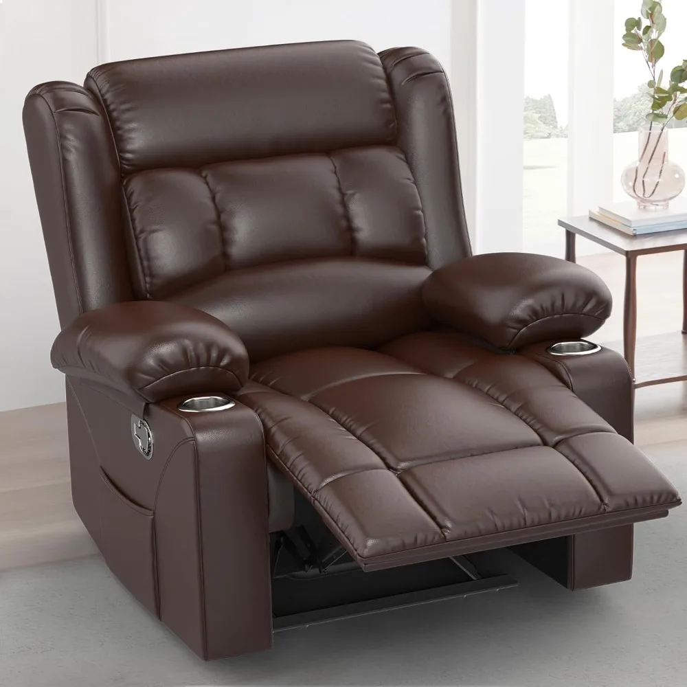 

Recliner Chair for Adults, Oversized PU Leather Manual Pull Tab Reclining Chair with Cup Holders, Minimalist Style Single