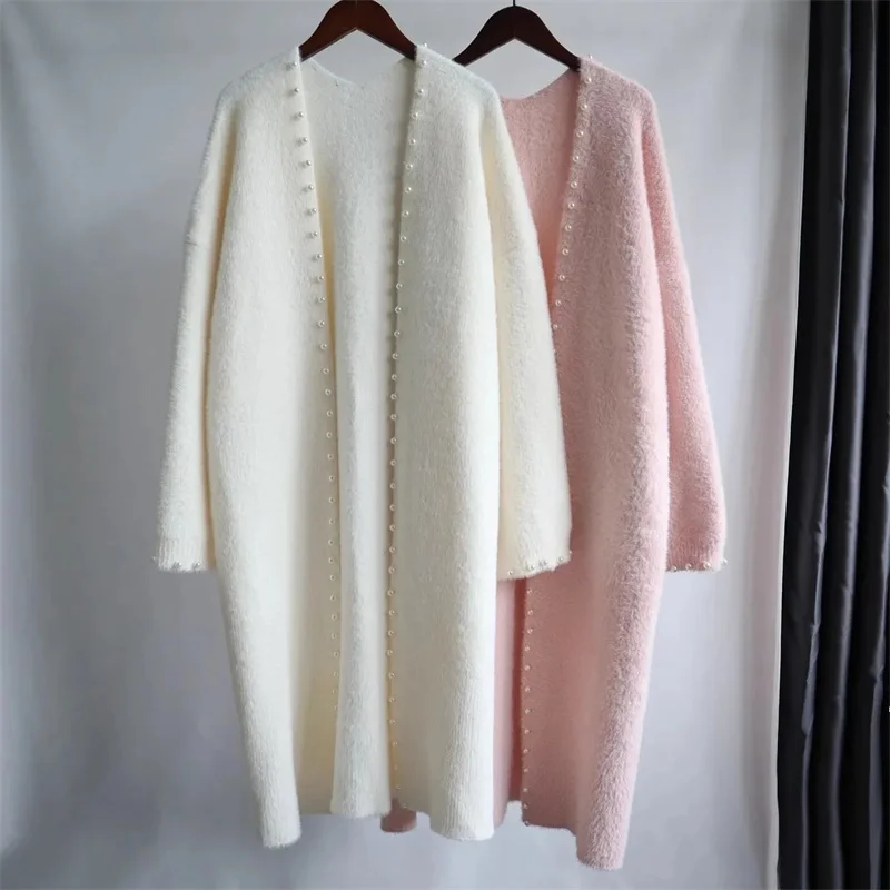Korean Women Loose Imitation Mink Fur Coat  Lady Fashion Cardigan Sweater Autumn Winter Female Medium Long Styles Knit  Coat
