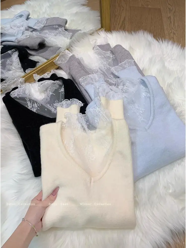 

Autumn Winter New Solid Patchwork Lace Long Sleeved Knit Sweater Vintage Elegant Festival Half High Neck Pullover Slim Top Women